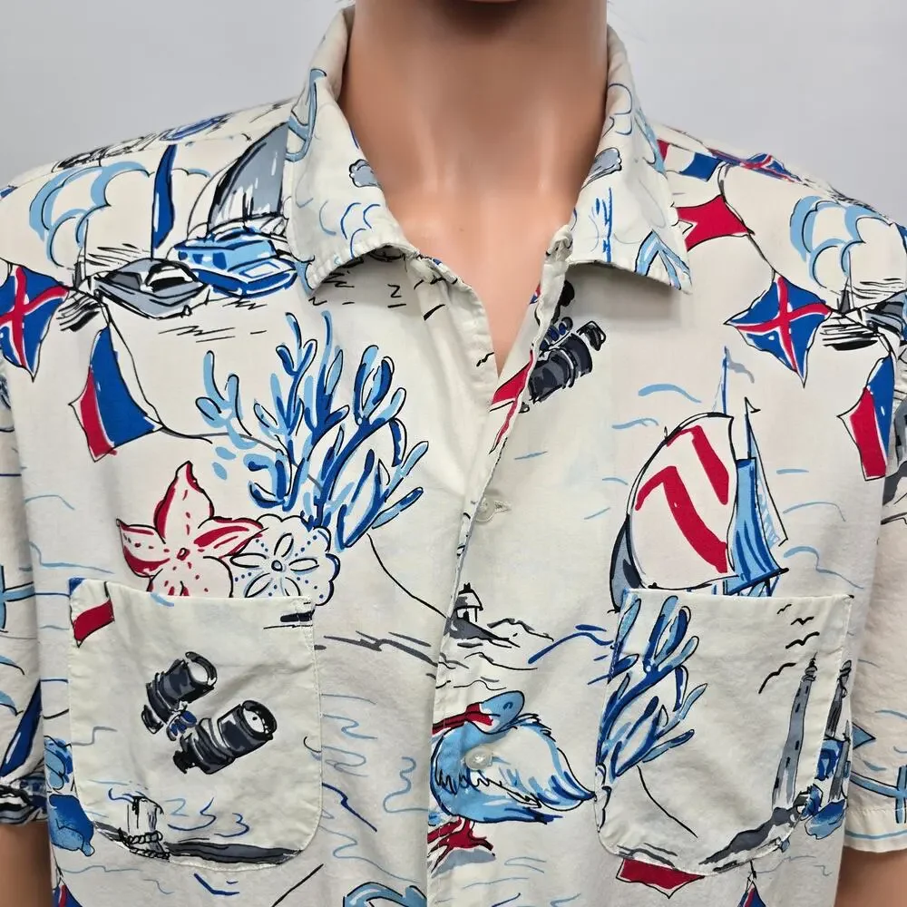 J. Crew camp-collar shirt Men XL Sailboat Nautical Print Short sleeve BH604